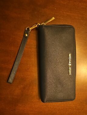 Michael Kors Navy Saffiano Wristlet with Gold Logo